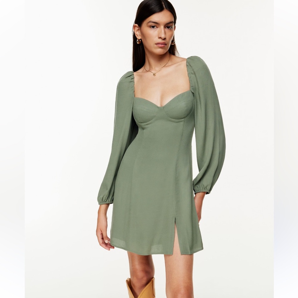 Aritzia Olive Green Puff-Sleeve Mini Dress